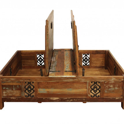 60" Green and Brown Solid Wood Distressed Lift Top Solid Coffee Table