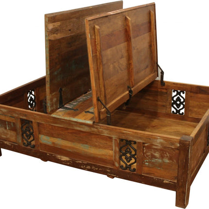 60" Green and Brown Solid Wood Distressed Lift Top Solid Coffee Table
