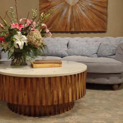 42" Ivory and Natural Genuine Marble and Solid Wood Round Solid Coffee Table