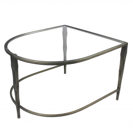 Set of Two Clear and Gold Glass and Iron Oval Frame Nested Coffee Tables