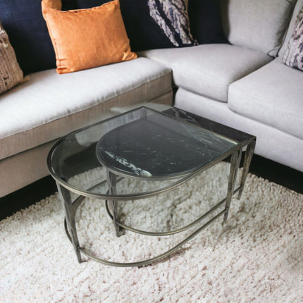 Set of Two Clear and Gold Glass and Iron Oval Frame Nested Coffee Tables