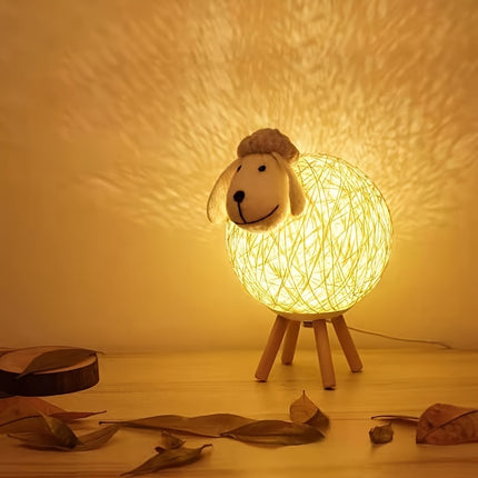 LED Sheep Night with Hand-Woven-Style Lampshade - Cute Kawaii Sheep Bedside Lamp