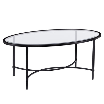 45" Clear and Black Glass and Metal Oval Coffee Table