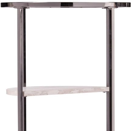24" Black Metal Glass And Faux Marble Round End Table With Two Shelves