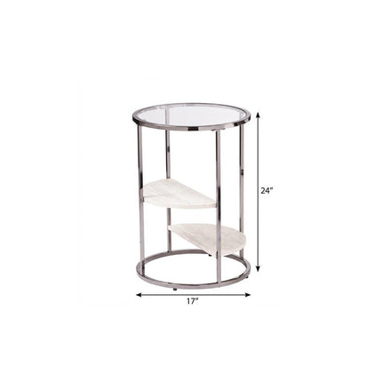 24" Black Metal Glass And Faux Marble Round End Table With Two Shelves