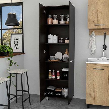 79" Modern Black Pantry Cabinet with Two Doors and Five Shelves