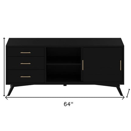 64" Black Mahogany Solid Wood Enclosed and Open Storage TV Stand