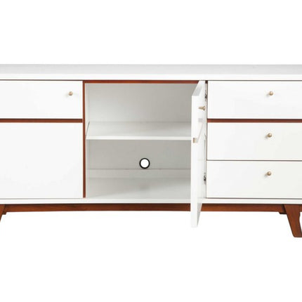 65" White Mahogany Solids And Veneer Cabinet Enclosed Storage TV Stand