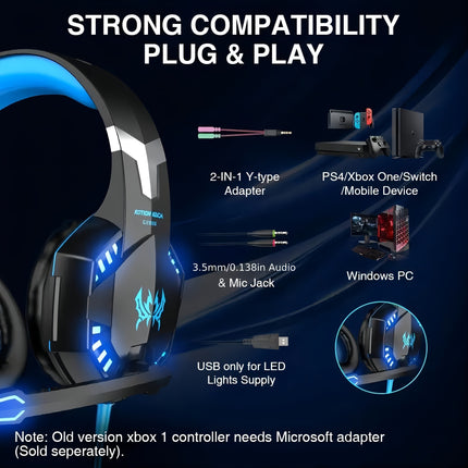 Gaming Headset with Mic LED Light Over Ear Wired Headphones for PC Game,