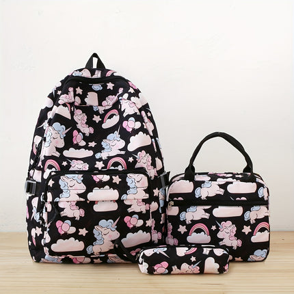 Cartoon Nylon Print Backpack, Campus Lightweight Large Capacity Student Bookbag Three-Piece Set