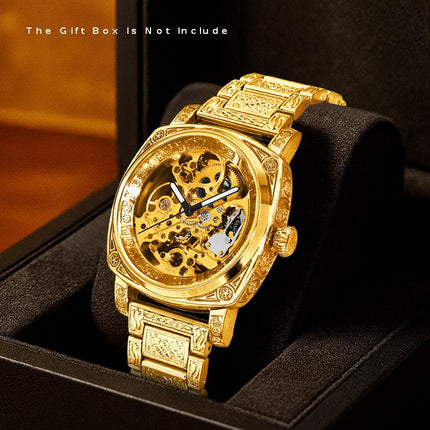 1pc Men's yellow steel strip business style versatile finely carved Roman fully automatic mechanical watch