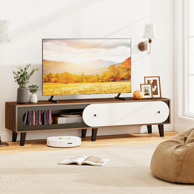 Modern Entertainment for 80 Inch TVs Walnut Wall-Mounted TV Stand with Sliding Door Cabinet,