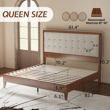 Wooden Bed Frame, High Upholstered Tufted Headboard, Sturdy Wood Platform, No Box Spring Required