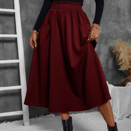 Solid Ruffle Hem Skirt, Elegant Patched Pocket Elastic Waist Loose Midi Skirt For Fall & Winter, Women's Clothing