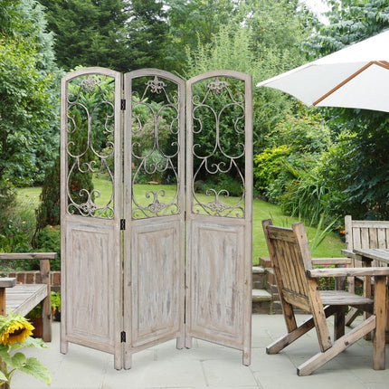 68" Beige Metal And Wood Folding Three Panel Screen Room Divider