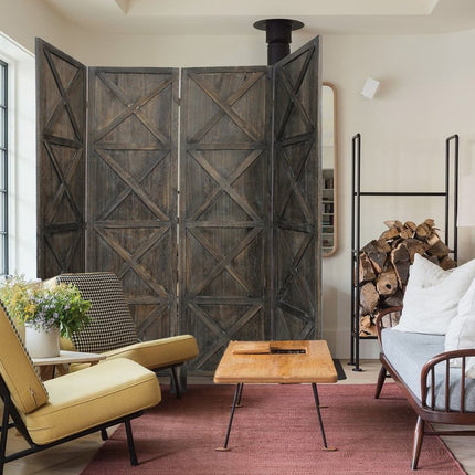 79" Brown Solid Wood Folding Four Panel Screen Room Divider