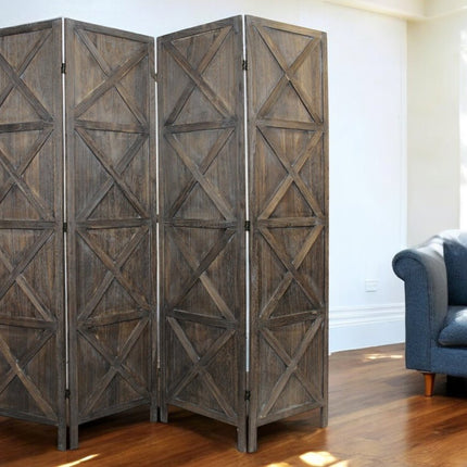 79" Brown Solid Wood Folding Four Panel Screen Room Divider