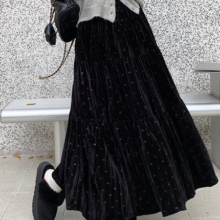 Women'S Elegant Heart Pattern Velvet Skirt - High-Waisted A-Line Long Skirt with Ruffled Hem
