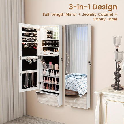 Wall Mounted Jewelry Cabinet Armoire Full-Length Mirror w/ LED Lights & Drawer