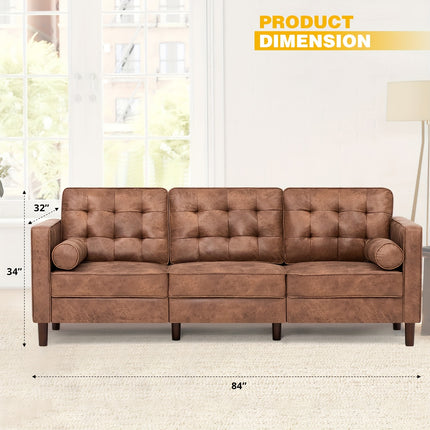 Leather Couch Featuring 2 Bolster Cushions, Contemporary Three-Seater Sofa with Tufted Backrests
