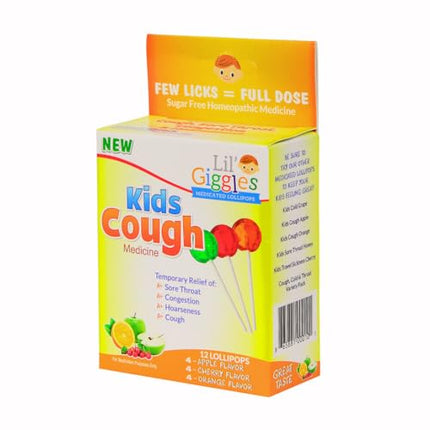 Lil' Giggles Kids Medicated Lollipops - Sweet Gentle Relief for Kids & Non-drowsy - Kids Cough, Sore Throat, Congestion & Hoarseness - Homeopathic Remedy Children's Love - Apple, Cherry & Orange 12 CT|B0DP3PDDB4