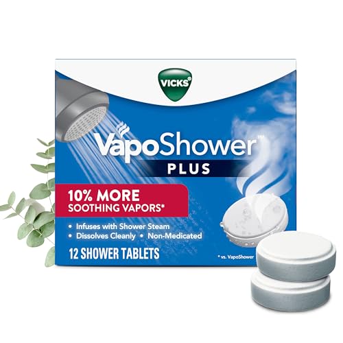 Vicks VapoShower Plus, Shower Bomb Tablets, Strong Soothing Non-Medicated Vapors Steam Aromatherapy with Eucalyptus and Menthol, Contains Essential Oils, 12 Tablets|B08QTZBK5Y