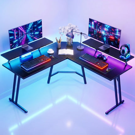 L-Shaped Gaming Desk with Carbon Fiber Surface, Dual Monitor Stands & LED