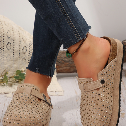 Parchment Rivet Buckle Closed Toe Platform Slippers