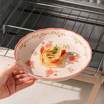 8pcs French Country Ceramic Dinnerware Set with Red Glaze & Peach Blossom Pattern Round Plates,