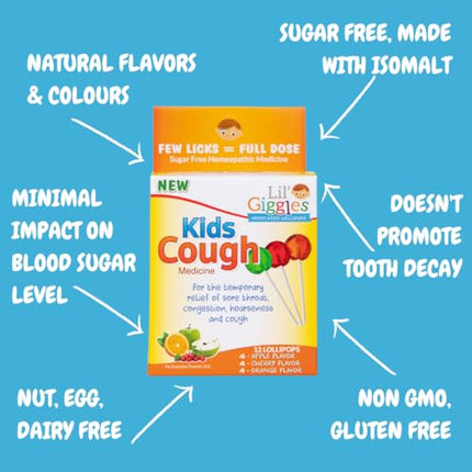Lil' Giggles Kids Medicated Lollipops - Sweet Gentle Relief for Kids & Non-drowsy - Kids Cough, Sore Throat, Congestion & Hoarseness - Homeopathic Remedy Children's Love - Apple, Cherry & Orange 12 CT|B0DP3PDDB4