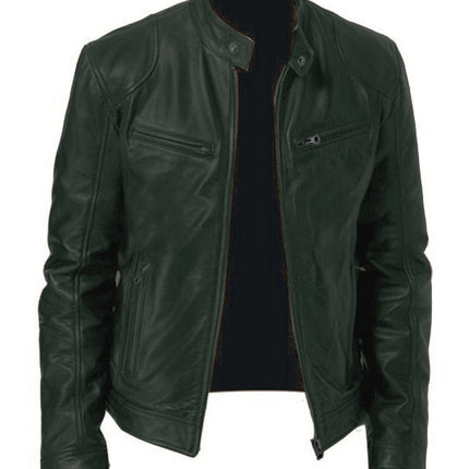 Men's Zip Cardigan PU Leather Jacket With Stand Collar