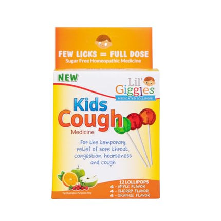 Lil' Giggles Kids Medicated Lollipops - Sweet Gentle Relief for Kids & Non-drowsy - Kids Cough, Sore Throat, Congestion & Hoarseness - Homeopathic Remedy Children's Love - Apple, Cherry & Orange 12 CT|B0DP3PDDB4