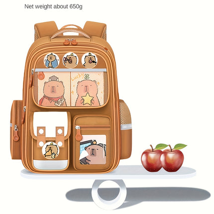 Brown Nylon Backpack with Adjustable Shoulder Straps, Zipper Closure, and Cute Cartoon Design,