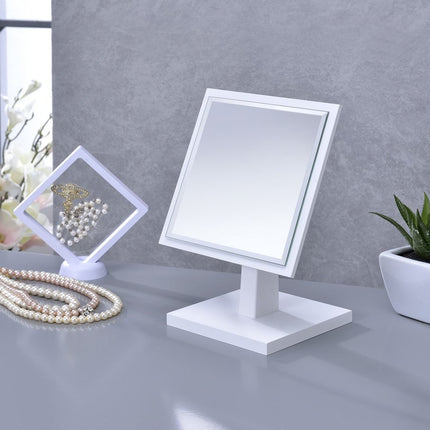 9" White Wood Square Freestanding Framed Makeup Shaving Tabletop Mirror