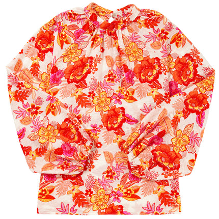 Orange Floral Print Pearl Button Keyhole Long Puff Sleeve Blouse