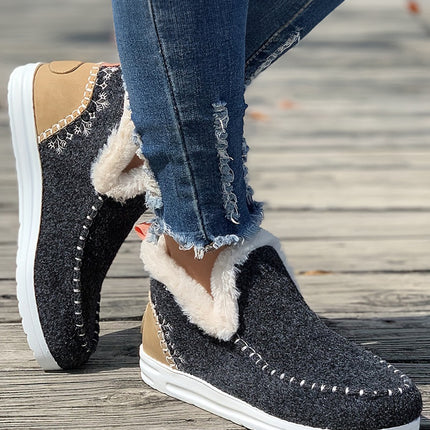 Carbon Grey Suede Stitching Patchwork Plush Lined Anklet Boots