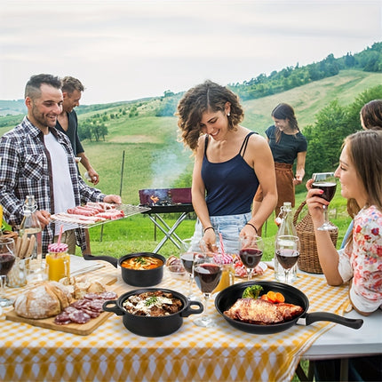 Cookware Set,Small Portable Cast Iron Pots and Pans with Glass Lids and Nylon Utensils for Outdoor Cooking