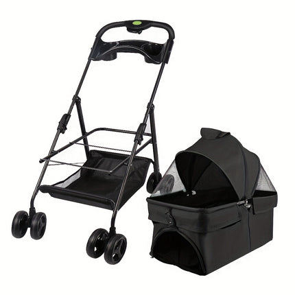 2-in-1 Convertible Dog Stroller & Carrier with Removable Crate Transport Bag – Foldable Pet Tote with Safety Belt, Adjustable Canopy, Storage Basket, Shock Absorber Wheels & 360° EVA Tires for Small/Medium Dogs & Cats, Pet