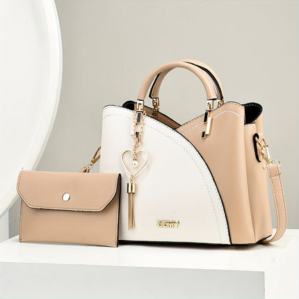 Women's Elegant Handbag And Crossbody Purse Combo - Fashion Colorblock Tote Bag
