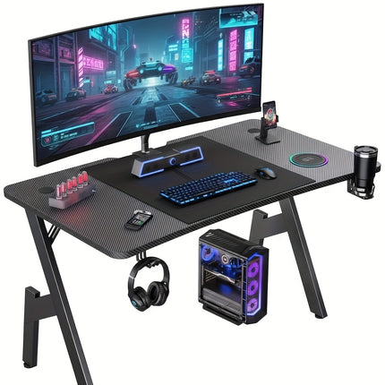 Gaming Desk with Carbon Fiber Surface, Heavy-Duty Computer Table w/Cup Holder