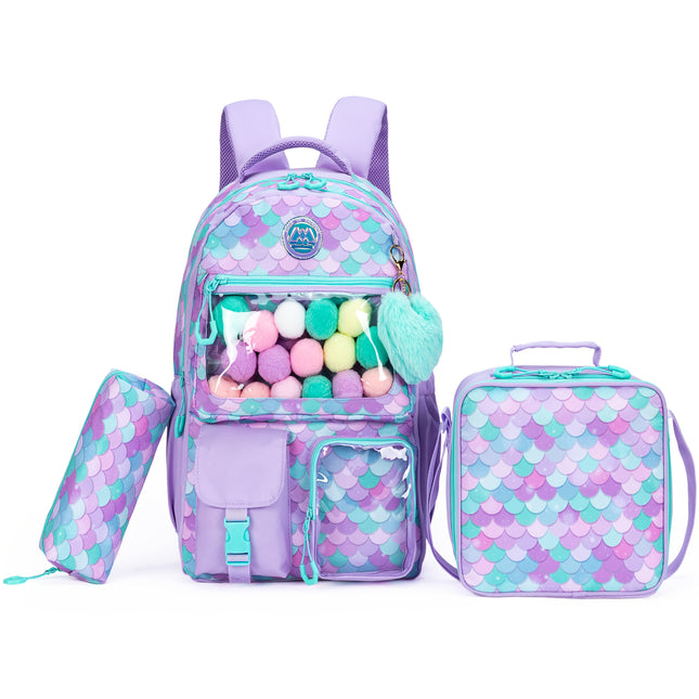 Heart-Shaped Fish Scale Backpack Set for Children and Students Features Cute Plush Balls, Zipper