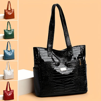 Women's preferred large-capacity tote: elegant, solid-color, crocodile-patterned PU bag with secure zipper