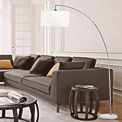 86" White And Silver Arc Floor Lamp With White Drum Shade