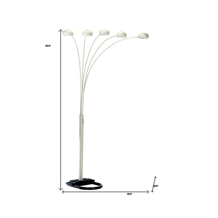 84" White Five Light Arc Floor Lamp With White Dome Shade
