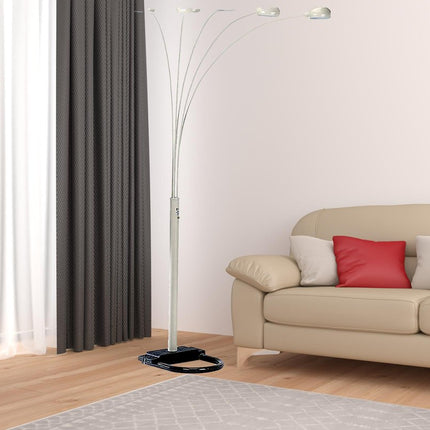 84" White Five Light Arc Floor Lamp With White Dome Shade