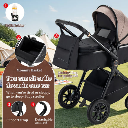 Complete Set of a 3-In-1 Stroller, Buggy, And Baby Bed with a One-Click Folding Feature, Designed for Newborns