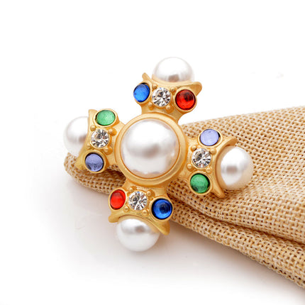 Fashion Colored Glass Pearl Cross Brooch