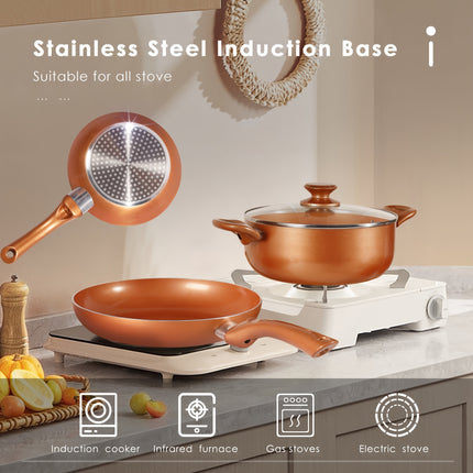 10pcs Copper Nonstick Cookware Set, Aluminum Induction Compatible Pots and Pans with Ceramic Coating,