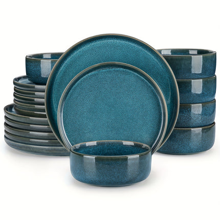 18pcs Elegant Blue Stoneware Dinner Set with Dual-Sided Reactive Glaze - Includes Dinner Plates