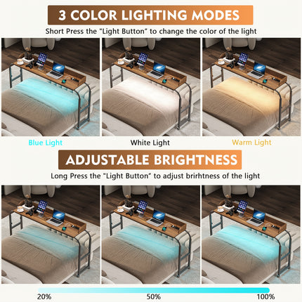 Modern LED Overbed Table with Charging Station & Smart Sensor